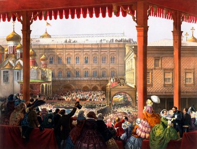 "1855 年 2 月 18 日亚历山大二世皇帝（1818-1881 年）加冕典礼 "人群景观 - 匿名石版画 作者 未知艺术家