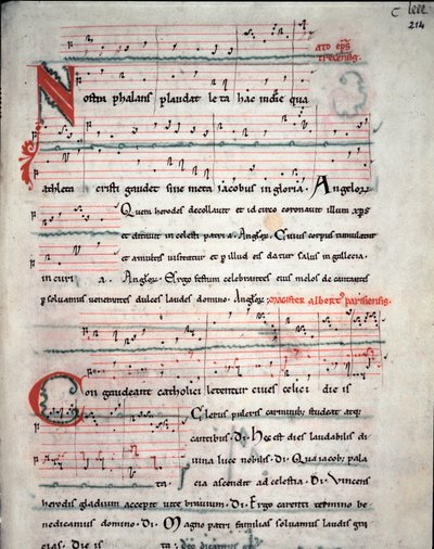 带有圣地亚哥德孔波斯特拉 (Santiago de Compostella) Fol 朝圣歌词的朝圣指南传单。 214 河 来自 13 世纪的手稿。 西班牙圣地亚哥德孔波斯特拉 (Santiago de Compostela) 大教堂档案 作者 Unknown artist