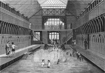 Les bains publics à bon marche de la rue Chateau-Landon (Chateau Landon) à Paris in 1884. in "La Nature".审查科学及其在艺术和工业中的应用"。 作者 未知艺术家