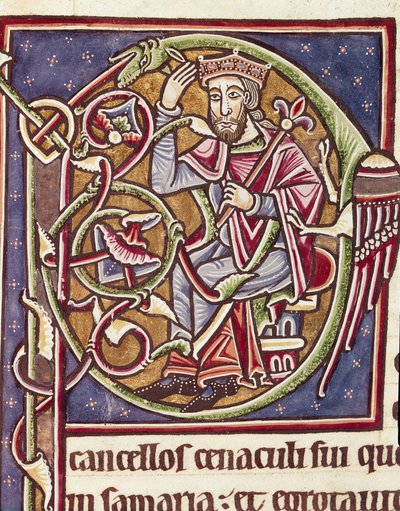 Lettrine P Decoree 代表摩押土地的国王 圣经中的缩影（Ms 3088） 12 世纪科英布拉，大学图书馆 作者 未知艺术家