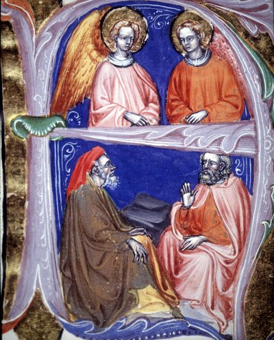 Lettrine 代表讨论的天使和哲学家 - 在 De civitate dei de St Augustine。 14 世纪手稿。 市政圣经。 里米尼。 作者 未知艺术家
