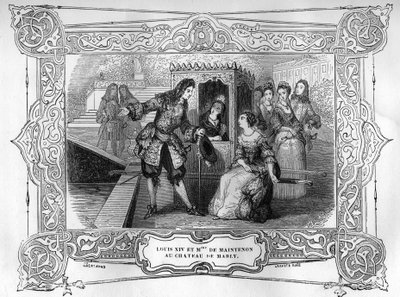 路易十四和弗朗索瓦兹-德奥比涅，曼特侬侯爵夫人（1634-1719）在马利城堡。19世纪在 "法国古老城堡的奥秘或国王和王后的秘密爱情 "之后的版画。比安切蒂收藏 作者 未知艺术家