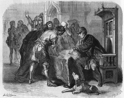 1477年1月7日，法国国王路易十一得知特梅雷尔查理的死讯。19世纪的雕版画。 作者 未知艺术家