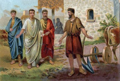 Lucius Quinctius Cincinnatus (v.520/v.430 BC)，罗马执政官，从事农业工作，公元前458年参议员（罗马帝国元老院）来求他接受最高指挥，成为罗马的独裁者。左右的彩色石版画 作者 未知艺术家