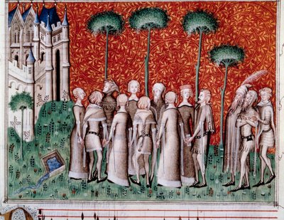 Machaut寻找他的夫人。 Guillaume de Machaut (v. 1300-1377) 的“Remede de Fortune”（第 51 对开本）乐谱的缩影，约 1350-1355 年。 作者 未知艺术家