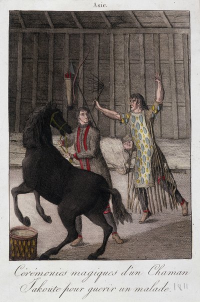 巫师 Yakoute (Yakoute) 治愈病人 (西伯利亚) 的魔法仪式 - 雕刻，deb。 19世纪 作者 未知艺术家