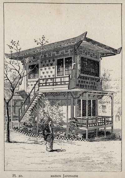 日本屋--1889年的雕刻，载于 "Histoire de habitation humaine à l