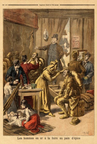 为姜饼展销会制作的 "金衣人 "活画的演员妆容。1894年4月16日 "小杂志 "上的版画。塞尔瓦的收藏。 作者 未知艺术家