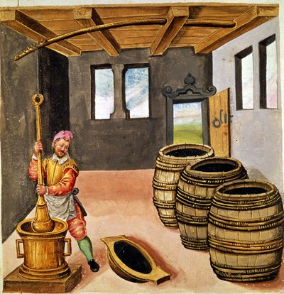 黑火药的制造--在16世纪的 "Manuale di pirotechnia, armeria e fortificazioni "中。 作者 未知艺术家