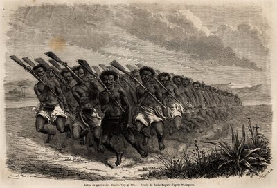 毛利战舞，由Emile Bayard（1837-1891）绘制，用于说明Ferdinand de Hochstetter在1858年至1860年的新西兰之旅。雕刻在 "Le tour du monde "中，由Edouard Charton编辑。 作者 未知艺术家