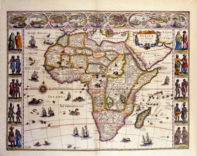来自威廉·布劳 (William Blaeu) 的阿特拉斯的非洲地图。 顶部是丹吉尔、休达、阿尔及尔、突尼斯、亚历山大、阿尔凯尔、莫桑比克、圣乔治德拉米纳、加那利群岛等城市。 非洲以外的各种岛屿也有代表，Mascareignes 群岛，马达 作者 未知艺术家