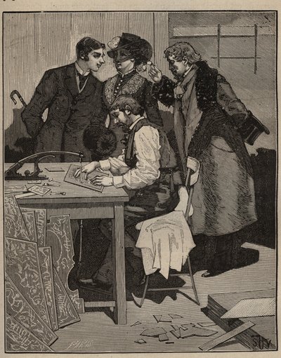 镶嵌工艺：镶嵌工艺有作用。1885年阿道夫-比塔尔（Adolphe BITARD）在 "Les arts et metiers illustrstres "中的雕版。 作者 未知艺术家