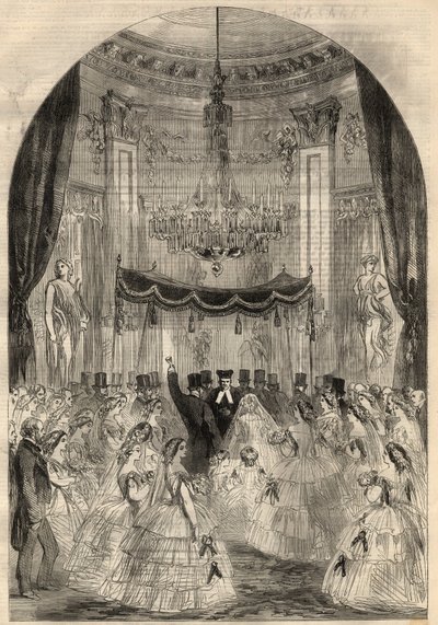 阿尔方斯-德-罗斯柴尔德男爵（1827-1905）和莱昂诺拉-德-罗斯柴尔德（1837-1911）的婚姻。玛丽学会了把饮料扔在地上，这是犹太人婚姻的最后阶段，称为 "碎玻璃"。3月的《伦敦新闻画报》上的版画 作者 未知艺术家