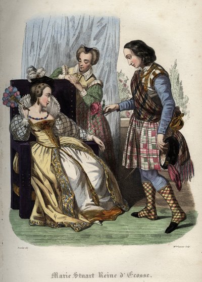 苏格兰女王玛丽（苏格兰的玛丽一世）（Marie Iere Stuart）（1542-1587）。1842年莫里斯-拉夏尔在 "教皇的历史 "中的版画。私人收藏。 作者 未知艺术家