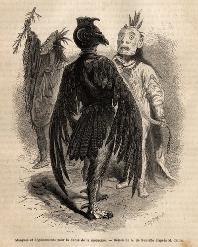 Masks and disguises for the dance of medicine among the Naya Indians. Engraving to illustrate an excursion among the Indian tribes of the basins of Colombia and Upper Missouri, by G. Catlin, in 1855, published in “” le tour du monde””, under the direction  作者 未知艺术家