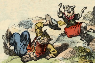 狐狸主人与小山羊玩耍。故事 "Bon medor 和 Little Chevrette "的插图。载于《小家伙们的家庭故事》。19世纪的匿名版画。 作者 未知艺术家