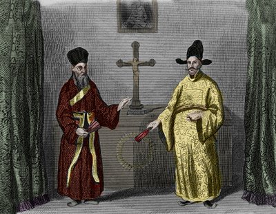 利玛窦与皈依者李保国--意大利耶稣会士利玛窦（1552-1610）（左）和基督教信仰在中国的伟大传播者李保国的画像 作者 未知艺术家
