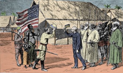亨利·莫顿·斯坦利爵士 (1841-1904) 和大卫·利文斯通 (1813-1873) 于 1871 年会面。 作者 未知艺术家
