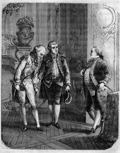 1772年被任命为科西嘉岛军事总督的马贝夫伯爵与帕斯卡尔（Pasquale）-保利之间的会晤。在F.D. Guerrazzi的 "Pasquale Paoli ossia la rotta di Pontenuovo "中。1872. 作者 未知艺术家