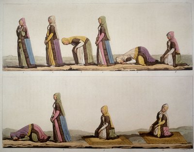 穆斯林祈祷姿势的方法。 在“古老而现代的服装”中，1819-1820 年，费拉里奥。 作者 Unknown artist