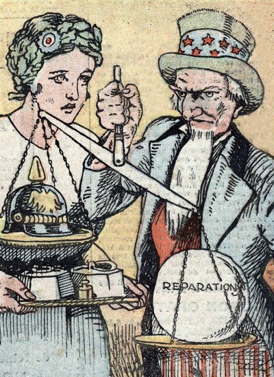 美国的度量衡：采用法文符号玛丽安和山姆大叔试图平衡战争费用天平的度量衡计划 1921 年 3 月 "Le pelerin "杂志插图 作者 未知艺术家