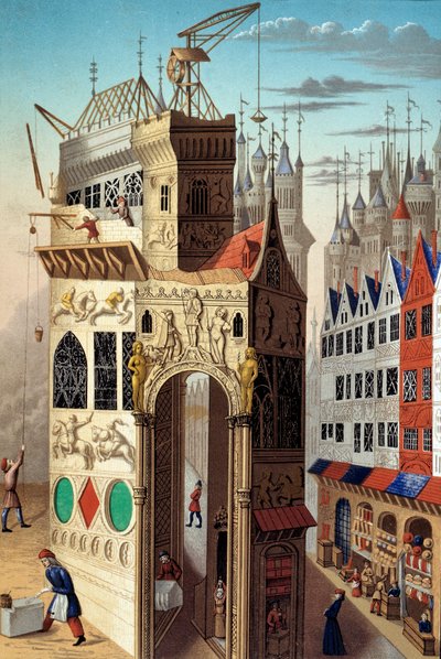 中世纪：15 世纪的街景。街道上的商人和工人，20 世纪（插图） 作者 未知艺术家