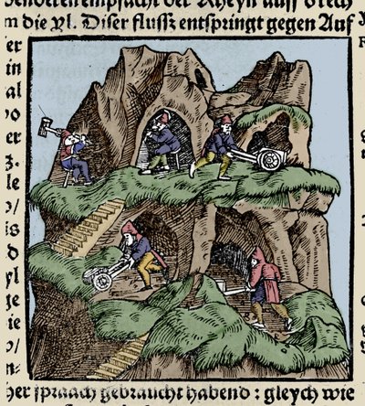 15 世纪的矿山。 来自 Johann Stumpff 的“Den Edlen Strength Besten Fromen”的雕刻。 16 世纪初。 作者 未知艺术家