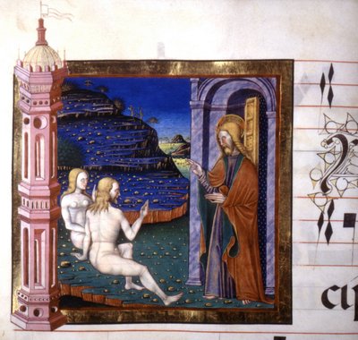 Miniature depicting the creation of Adam and Eve by God. Antiphonary. 15th century.Biblioteca by Lodi 作者 Unknown artist