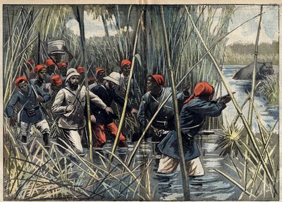 前往法乔达（苏丹）的马尚任务（1896-1899）：法国上尉巴拉蒂埃（1864-1917）和他的部队穿过沼泽向法乔达推进。(根据Baratier上尉的日志）。)11月6日 "Le Pelerin "杂志上的插图 作者 未知艺术家