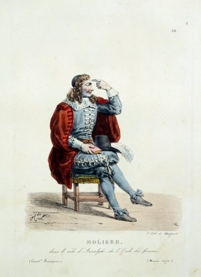 莫里哀在 1670 年的作品“女性学校”中扮演阿诺尔夫的服装。Hippolyte Lecomte（1781-1857）的法国喜剧服装。 19 世纪的雕刻。 科尔。 我们走吧。 作者 未知艺术家