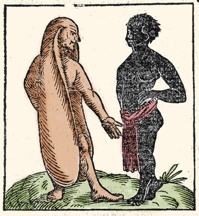 可怕的生物：两个非洲男人，其中一个长着长耳朵来保护自己免受阳光和寒冷的伤害。 当情况恐吓他们时，他们的耳朵会让他们飞走。 象征性地，他们允许他们更好地聆听上帝的话语。 木糖醇 作者 未知艺术家