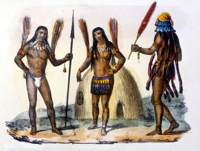 厄瓜多尔的 Mundrucu 和 Jivaros 印第安人。 雕刻 1846-48。 作者 未知艺术家