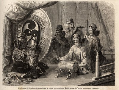 Musicians of the pontifical chapel in Kyoto (or Kioto), playing five sacred instruments, flute traversiere and flute of pan, marine conch, timpani and kakdaiko, the original gong. Engraving to illustrate the voyage to Japan in 1863-1864, by Aime Humbert, m 作者 未知艺术家