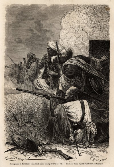 穆斯林登山者在斯瓦特山区重新定居，在1863年与一支英国探险队作战，以阻止对该地区村庄的掠夺。为说明潘贾布和克什米尔的故事而绘制的版画，由纪尧姆-勒让于1866年创作，发表在《Le tour du 作者 未知艺术家