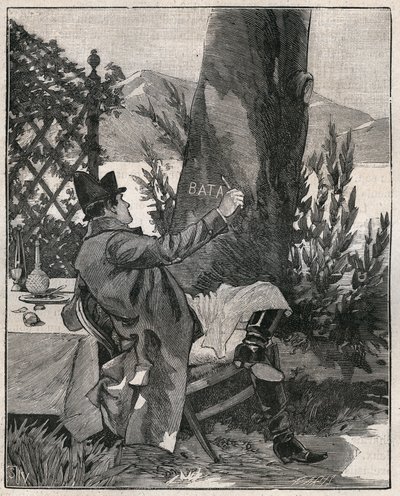 拿破仑-波拿巴（1769-1821）在1800年马焦雷湖（Lago Maggiore）的贝拉岛（Isola Bella）的一棵月桂树的树干上写下了 "Battaglia "这个词，这是在马伦戈战役的前三天。1885年在 "Les arts et metiers illustrstres "中的雕版画 作者 未知艺术家