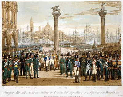 1807年11月29日，拿破仑一世在威尼斯，在意大利海军面前。1845年的雕版画 作者 未知艺术家