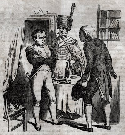 拿破仑一世在让-尼古拉-科维萨特（1755-1821）医生面前的英式雕刻，载于《世界卫生--家庭医疗指南》1852年。 作者 未知艺术家