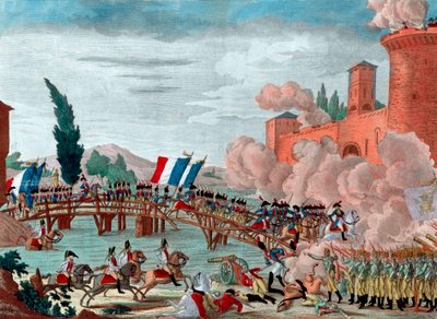 拿破仑率领他的军队通过洛迪桥--1796年拿破仑在洛迪桥的战斗和通过中--由拿破仑-波拿巴总司令委托的共和法国军队通过意大利的洛迪桥-- 作者 未知艺术家