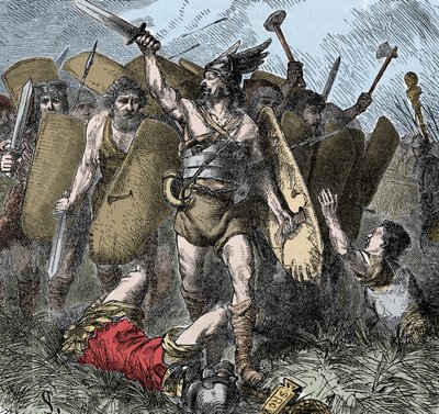 Narses Overcomes the Ostrogoths - Invasions of the barbarians: Narses (478-573) Byzantine general, eunuch, of Emperor Justinian I victor against the Ostrogoths at the Battle of Taginae, Italy, in the year 552. Colouring engraving of the 19th century 作者 未知艺术家