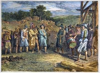 美国的原住民：印第安人。1620年，定居者在普利茅斯殖民地遇到了马萨索伊特（1590-1661），他也被称为万帕诺格部落的 "黄羽毛 "酋长。万帕诺格人领袖马萨索伊特在普利茅斯访问殖民者 作者 未知艺术家