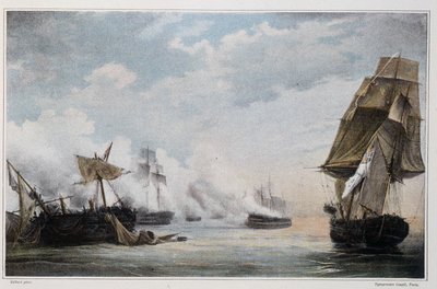 7月13日，法舰 "福尔米德 "号与英舰 "塞萨尔 "号、"斯宾塞 "号、"可敬 "号和自由门 "泰晤士 "号在加的斯发生海战。 作者 未知艺术家