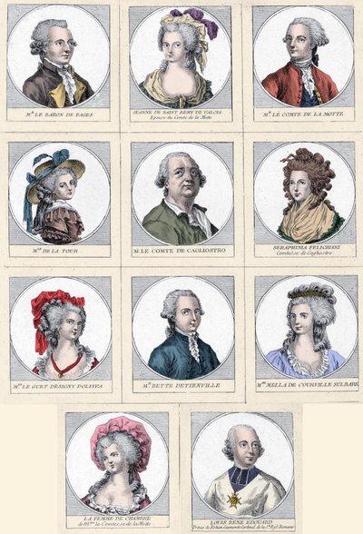 项链事件 - 1785-1786 年“Collier de la Reine”事件中涉及的主要人物（彩色雕刻） 作者 未知艺术家