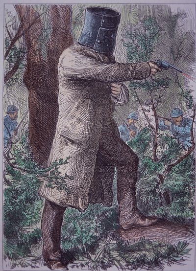 内德-凯利，穿着他特有的盔甲，在与警察的最后对峙中，1880年6月28日（彩色版画 作者 未知艺术家
