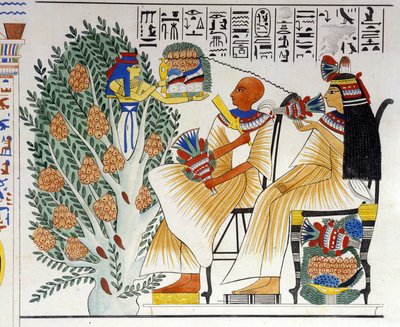 埃及女神奈芙蒂斯从神秘的树中跳出来，为死者提供食物——在伊波利托·罗西里尼 (Rossellini) 的“埃及和上努比亚纪念碑”中。 19 世纪。 作者 未知艺术家