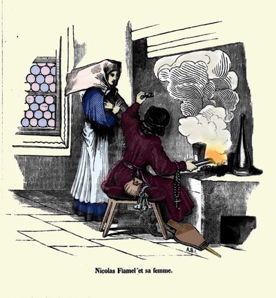 Nicolas Flamel (1330 - 1418) 和他的妻子。 作者 未知艺术家