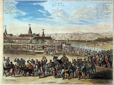 尼日利亚首都贝宁王国的首都 Houegbadja 国王（1645-1689）庄严退出，于 1680 年在奥巴梅。1686 年雕刻。巴黎，非洲和大洋洲艺术。 作者 未知艺术家