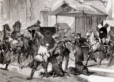 俄国的虚无主义--1880年在大莫斯科的旅馆门外企图刺杀营长助理洛里斯-梅利科夫（Loris-Melikoff）将军--19世纪的俄国虚无主义运动：企图刺杀L伯爵。 作者 未知艺术家