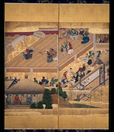 能剧：船辨庆（纸本水墨、彩金、六格屏风） 作者 未知艺术家