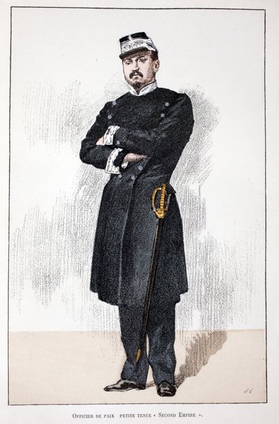 和平官员，第二帝国小礼服（1852-1870）。彩色蚀刻版画，用于为路易-勒平（1846-1933）主持出版的塞纳河警察局局长阿尔弗雷德-雷伊（186）的《和平卫士部队史》一书作插图。 作者 未知艺术家