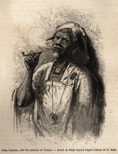 Old Bambara, chief of tribe in Yamina (Niger) smoking the pipe and wearing the traditional chief cover of his tribe. Engraving to illustrate the voyage to Western Sudan of Lieutenant (Navy) M.Mage, in 1863-1866, published in “Le tour du monde, nouveau jour 作者 未知艺术家